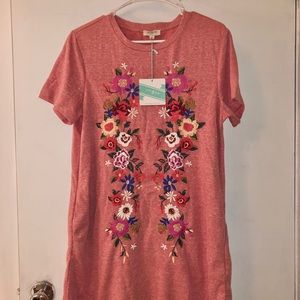 Mauve Embroidered Tee Dress with Pockets